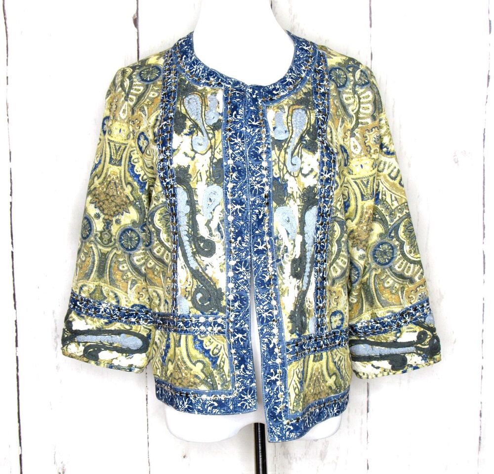 Chico’s Size 2 L/12 Open Front Embroidered Paisley Blazer Jacket Multicolor Boho